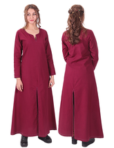 FAYE Cotton Burgundy - Medieval Viking Women’s Front and Back Slitted Dress with Hand-Stitched Seams